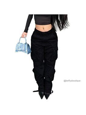 High Waisted Cargo Jeans Straight Wide Leg Baggy Boyfriend Denim Pants Pockets